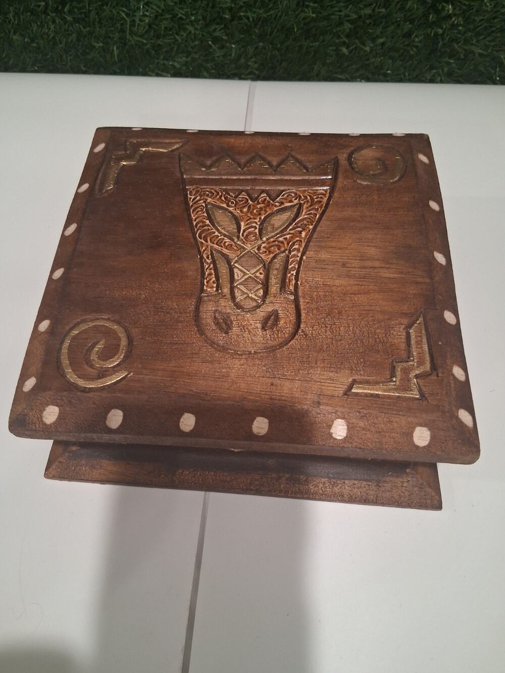 Vintage Hand Carved Wooden Trinket Box Tiki Mask Tribal Pattern Made in...